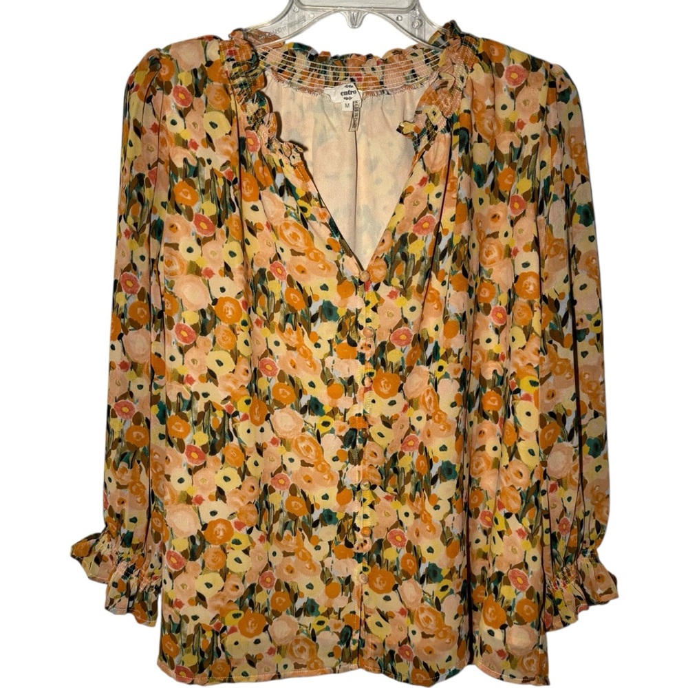 Entro Floral Smocked Neck Blouse Women's Medium Ruffle Cuff Long Sleeve Top